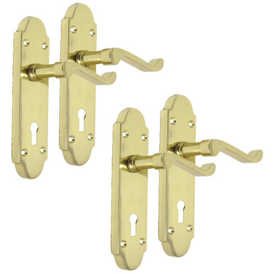 Brass Finish Epsom Victorian Scroll on Shaped Back Plate Lock Door Handle x 2