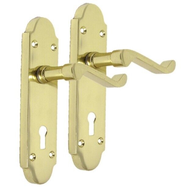 Brass Finish Epsom Victorian Scroll on Shaped Back Plate Lock Door Handle x 2