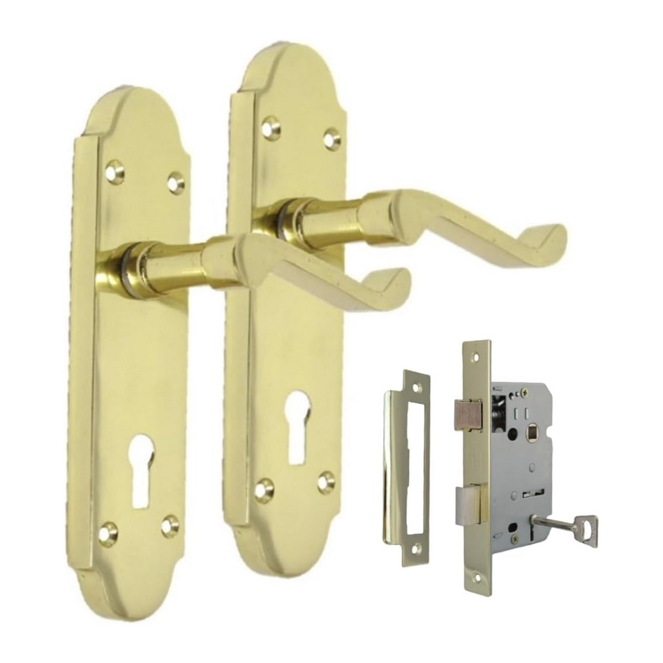 Brass Finish Epsom Victorian Scroll Lock Door Handle on Shaped Back Plate +