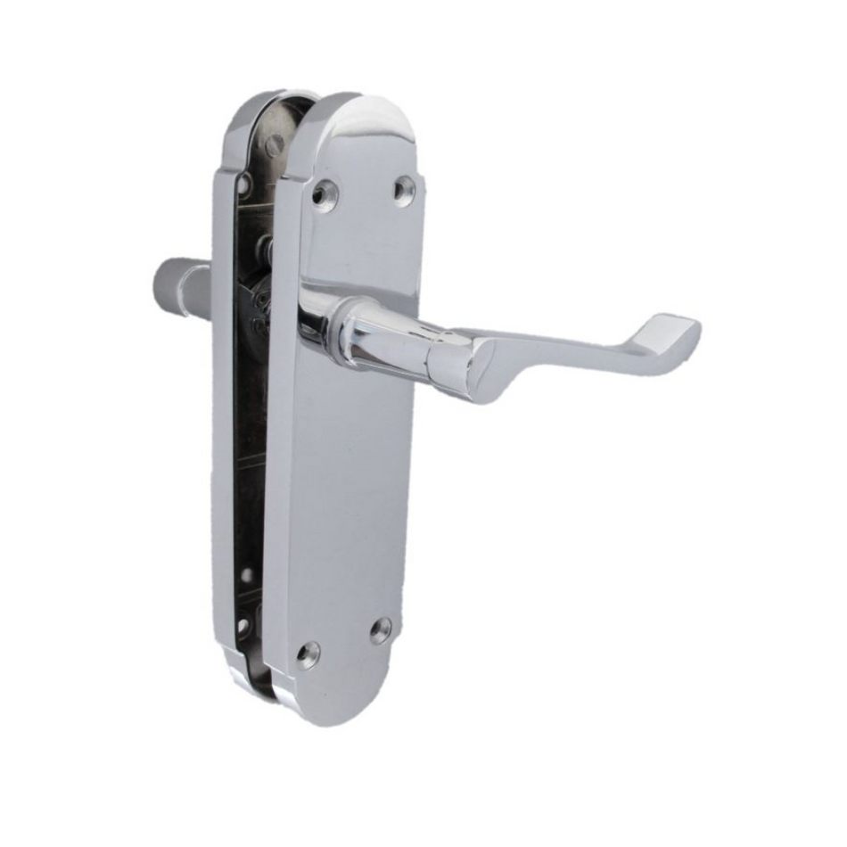 Polished Chrome Victorian Scroll Door Handles on Shaped Backplate – 170mm x 40mm + Tubular Latch 4 Pairs