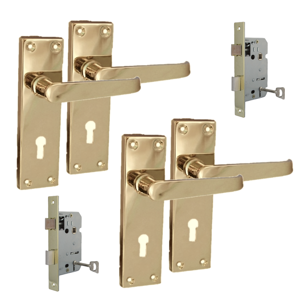 Brass Door Handles Interior Door Lock Handles-Victorian Straight Lock Handlesx2+