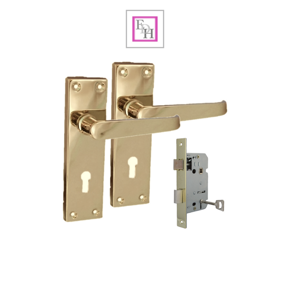 Brass Door Handles Interior Door Lock Handles-Victorian Straight Lock Handlesx2+