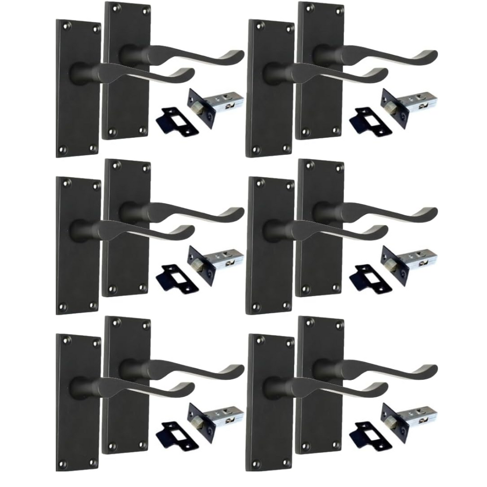 Matt Black Victorian Scroll Door Handle Lever Latch, Modern Handle + Latch x 6