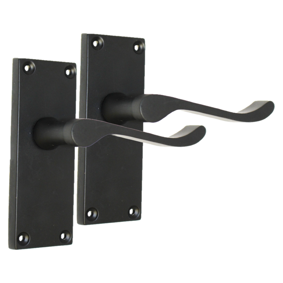 Matt Black Victorian Scroll Door Handles on Backplate – 118mm x 42mm 6 Pairs + Latch