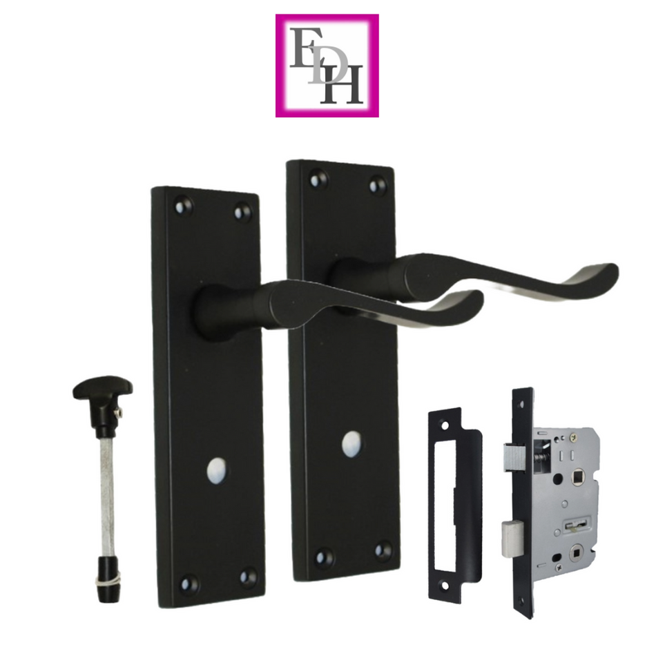 Matt Black Modern Victorian Scroll Bathroom Door Handles and Bath Lock 1 Pair