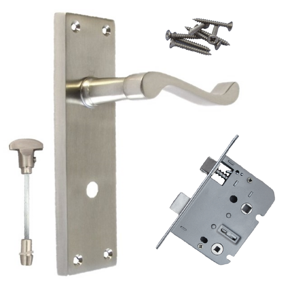 Victorian Style Satin Bathroom Door Handle with Privacy Lock + Bathroom Sash Lock, 1 Pair