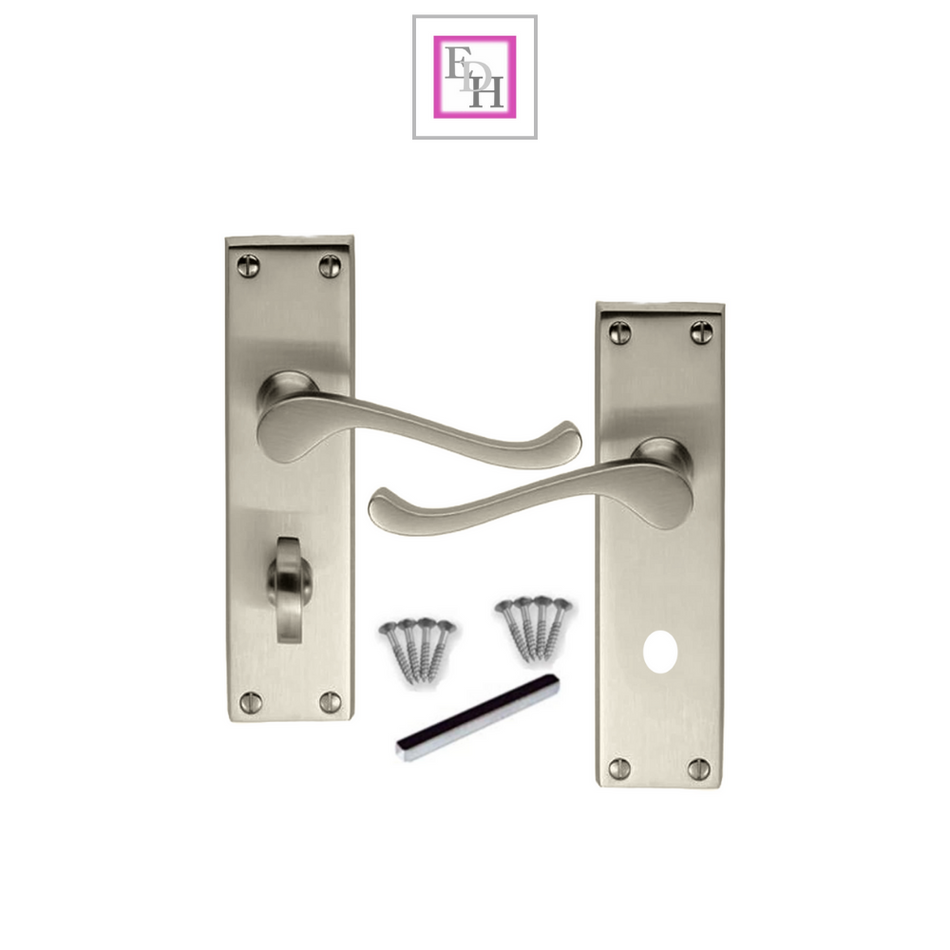 Satin Bathroom Door Handle with Privacy Lock,  Victorian Style Internal Door Handle, 1 Pair