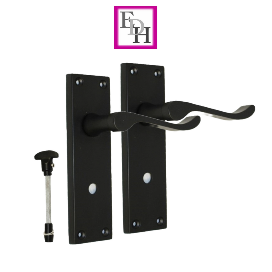 Matt Black Modern Victorian Scroll Bathroom Door Handles and Bath Lock 2 Pairs