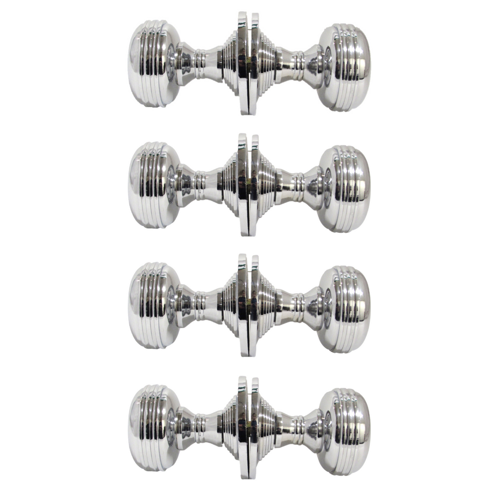 Chrome Polished Round Door Knob Set – Heavy Reeded Style Sprung Handles 4 Pairs