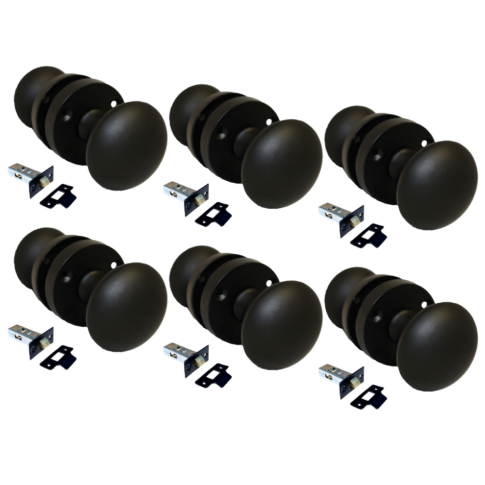 Matt Black Round Door Knob Set Including Tubular Latch - Modern Victorian Style