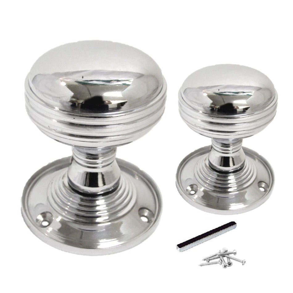 Chrome Polished Round Door Knob Set – Heavy Reeded Style Sprung Handles 1 Pair