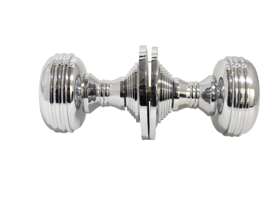 Chrome Polished Round Door Knob Set – Heavy Reeded Style Sprung Handles 1 Pair
