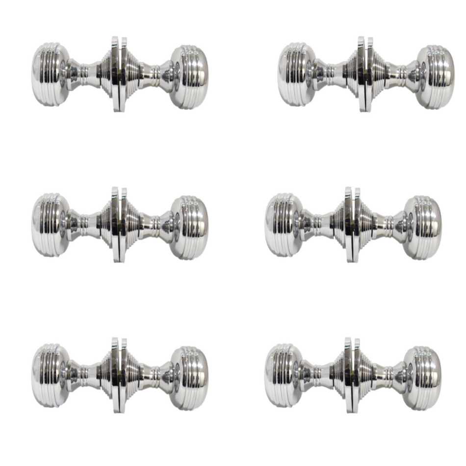 Chrome Polished Round Door Knob Set – Heavy Reeded Style Sprung Handles 6 Pairs