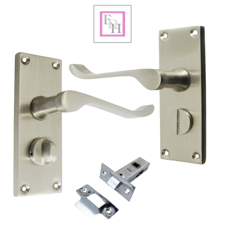 Victorian Scroll Satin Nickel Bathroom Door Handles with Privacy Lock + Latch