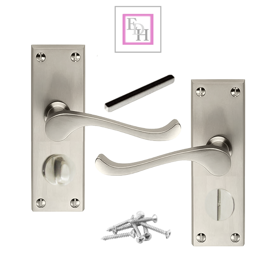 Victorian Scroll Satin Nickel Bathroom Door Handles with Privacy Lock + Latch
