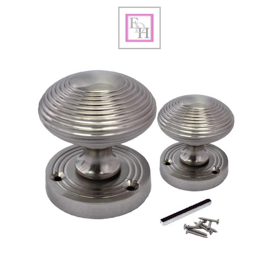 Satin Nickel Round Door Knobs- Reeded Internal Handles for Mortice Locks + Latch