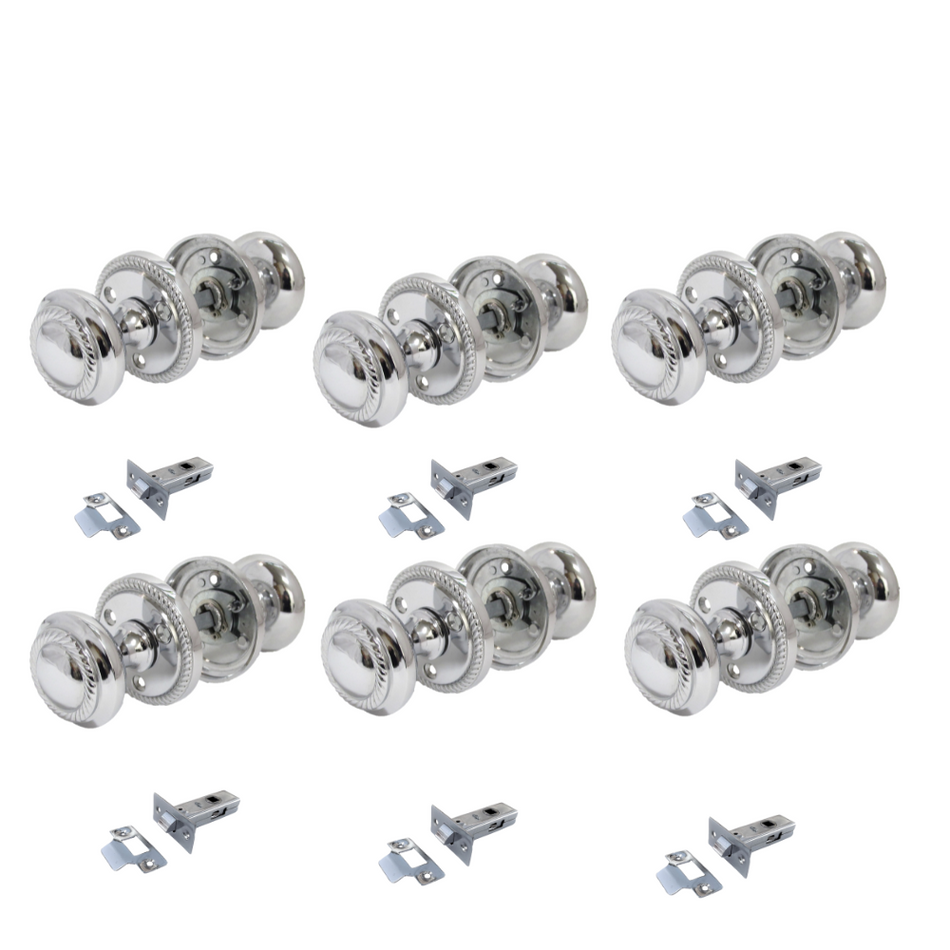 Polished Chrome Georgian Round Door Knobs with Tubular Latch – 6 Pairs