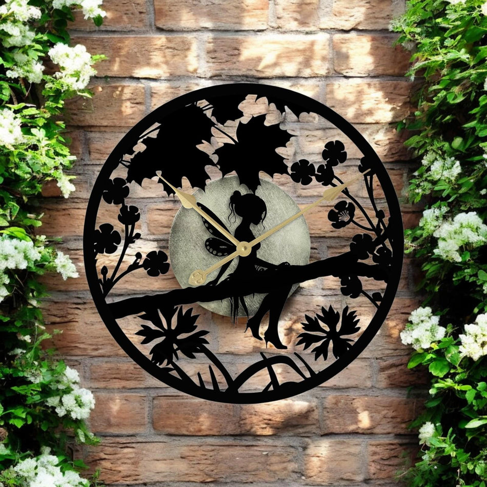 Fairy in Forest Silhouette Wall Clock – Large Metal Decorative Indoor & Outdoor Clock for Garden, Living Room and Patio