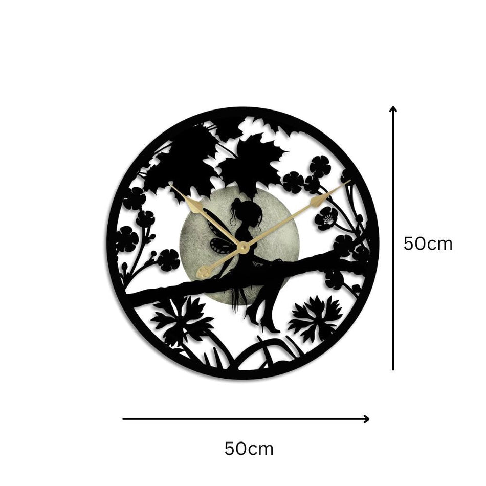 Fairy in Forest Silhouette Wall Clock – Large Metal Decorative Indoor & Outdoor Clock for Garden, Living Room and Patio