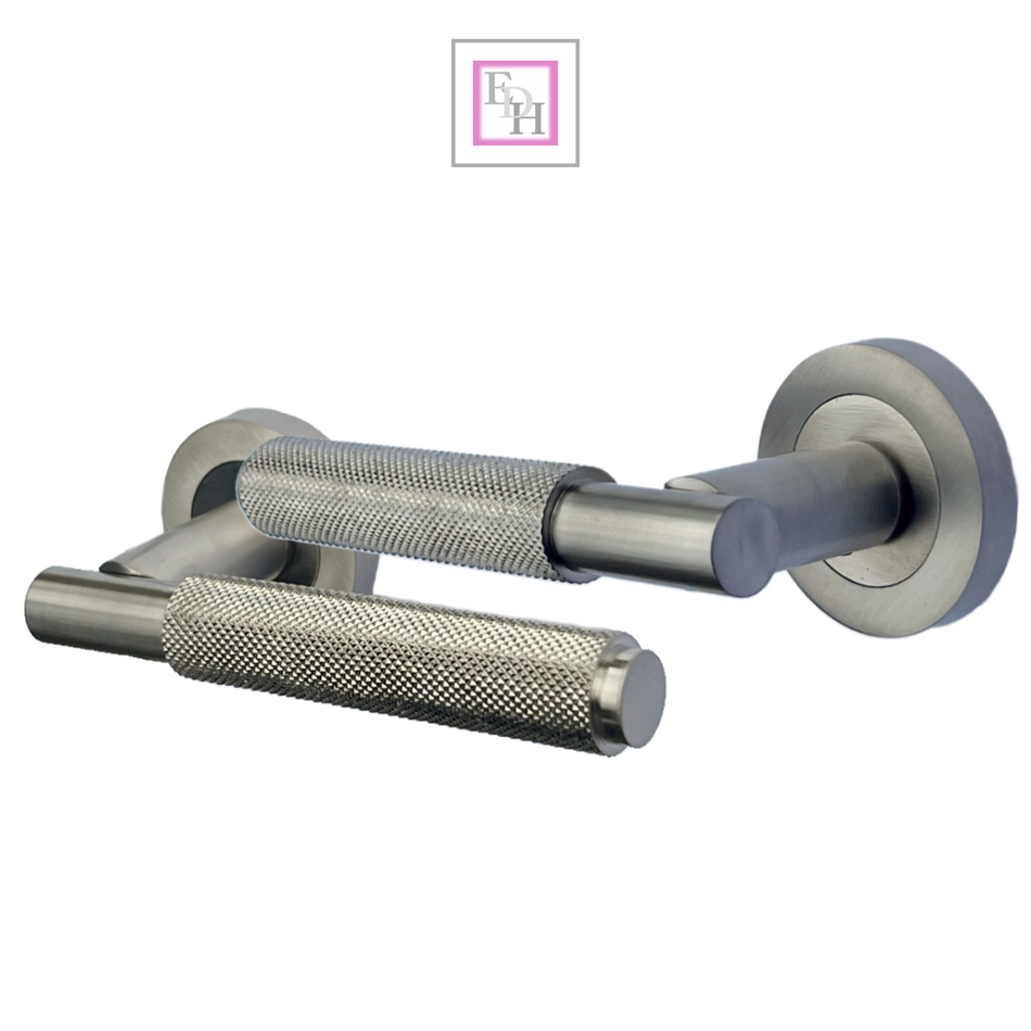 Knurled Turning Door Handles Satin Lever on Round Rose Latch Handle Luxe