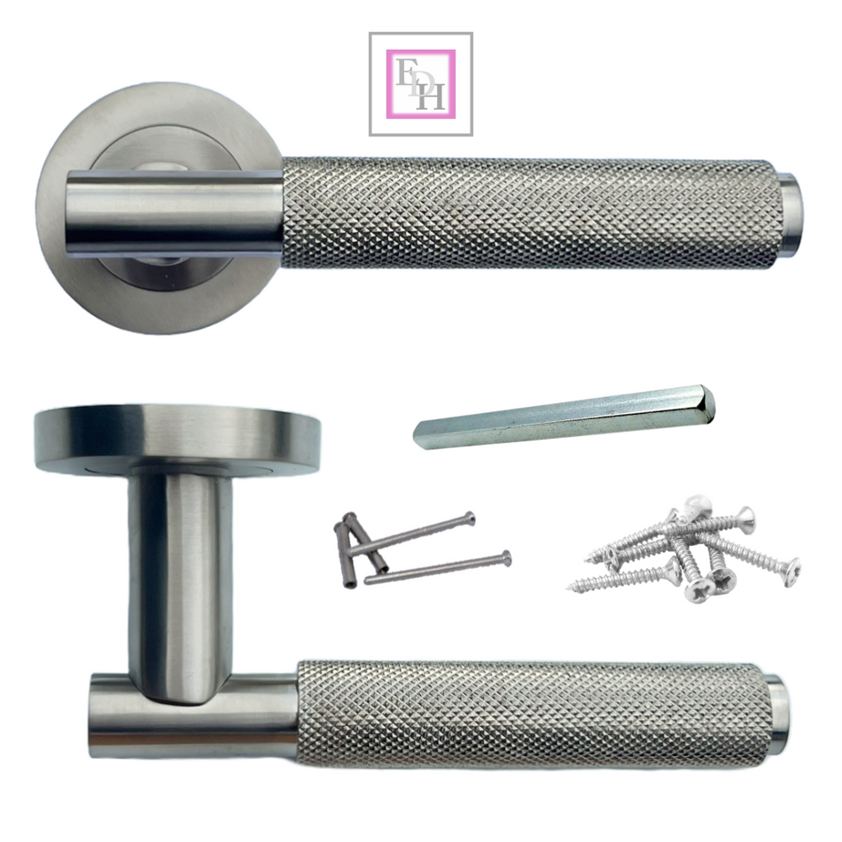 Knurled Turning Door Handles Satin Lever on Round Rose Latch Handle Luxe