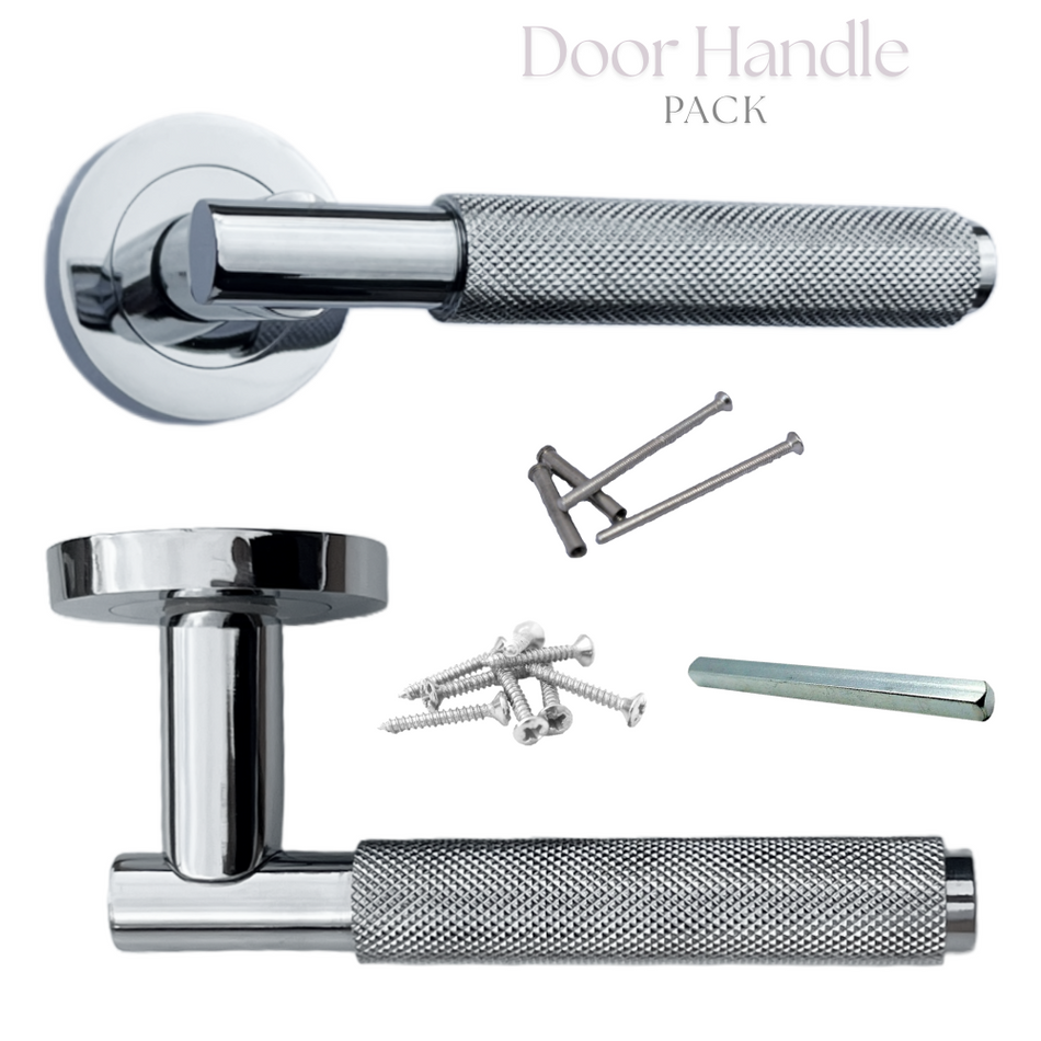 Knurled Turning Door Handles Polished Chrome– Lever on Round Rose Handle Packs