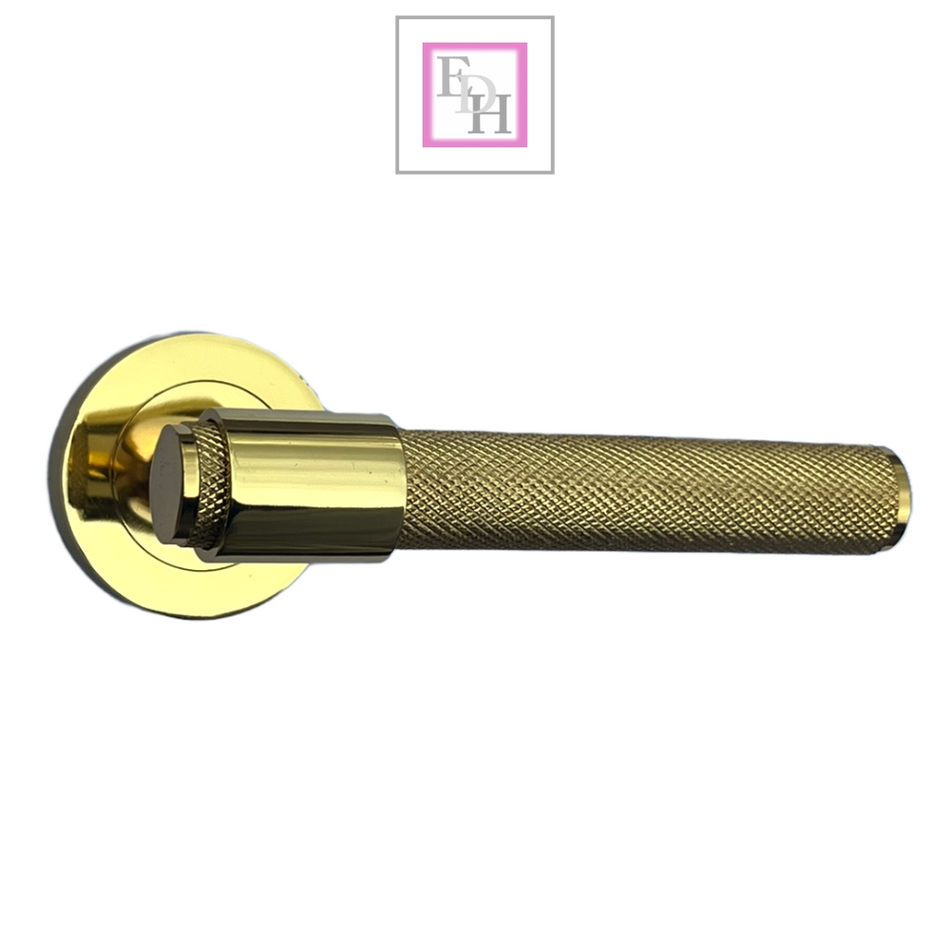 Knurled Door Handles Brass Polished Loop & Neck Lever on Round Rose Latch Handle