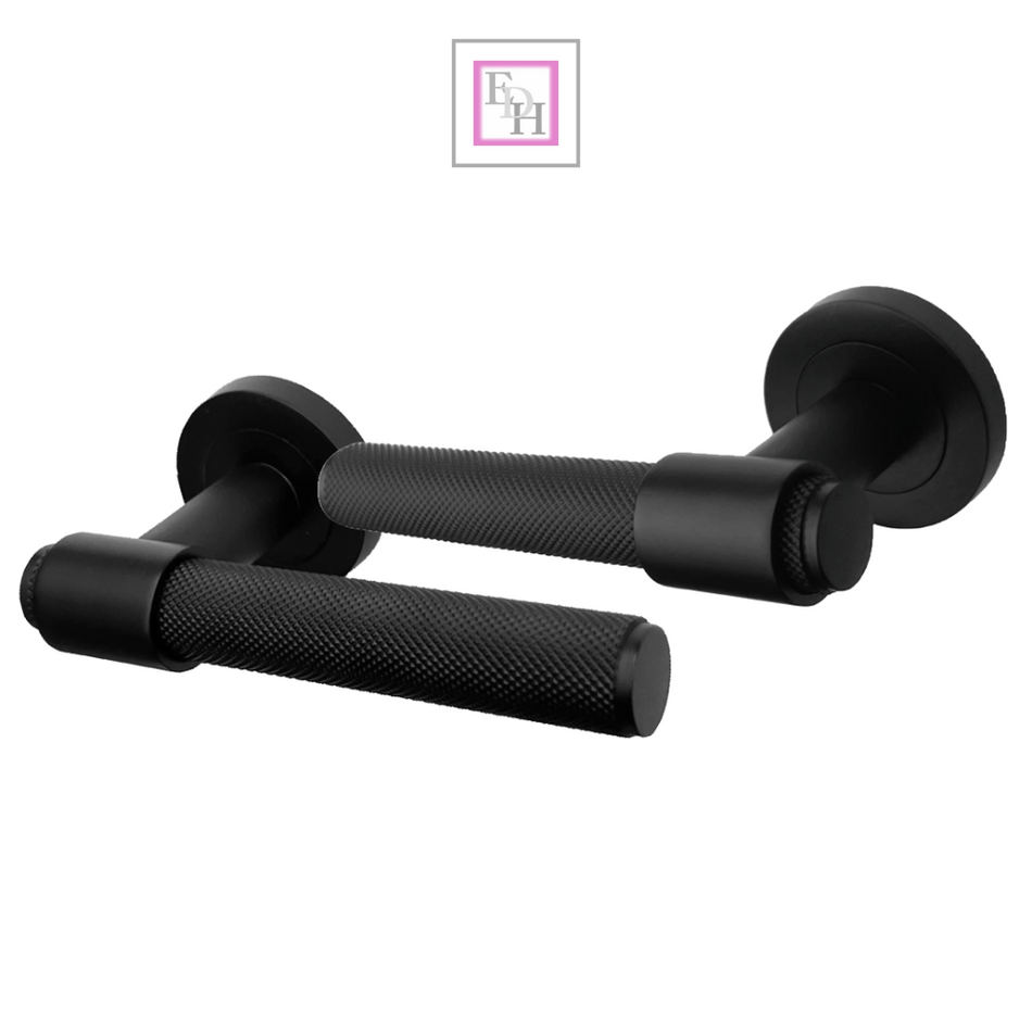 Knurled Door Handles Matt Black Loop & Neck Lever on Round Rose Latch
