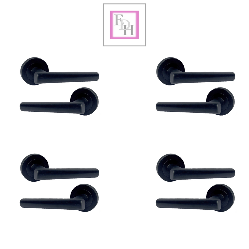 Matt Black T Bar Lever Door Handles on Round Rose – 4 Pairs Internal Door Pack