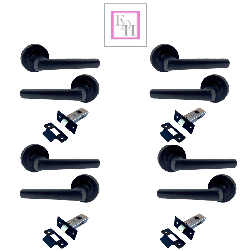 Matt Black T Bar Door Handles on Round Rose with Tubular Latch – 4 Pairs