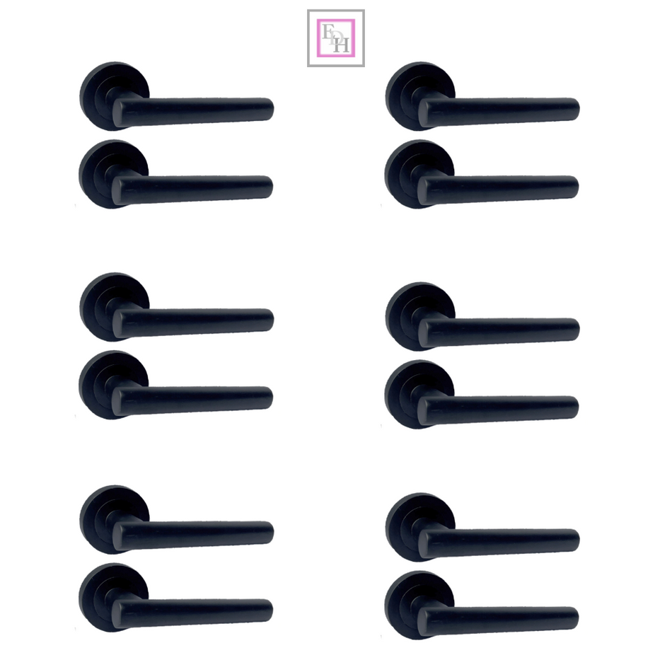 Matt Black T Bar Lever Door Handles on Round Rose – 6 Pairs Internal Door Pack