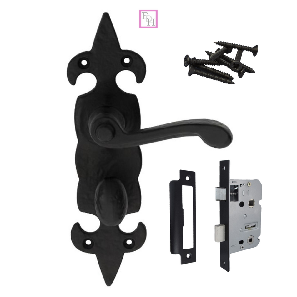Black Cast Iron Fleur-de-Lys Bathroom Door Handles – Antique Privacy Lever Set