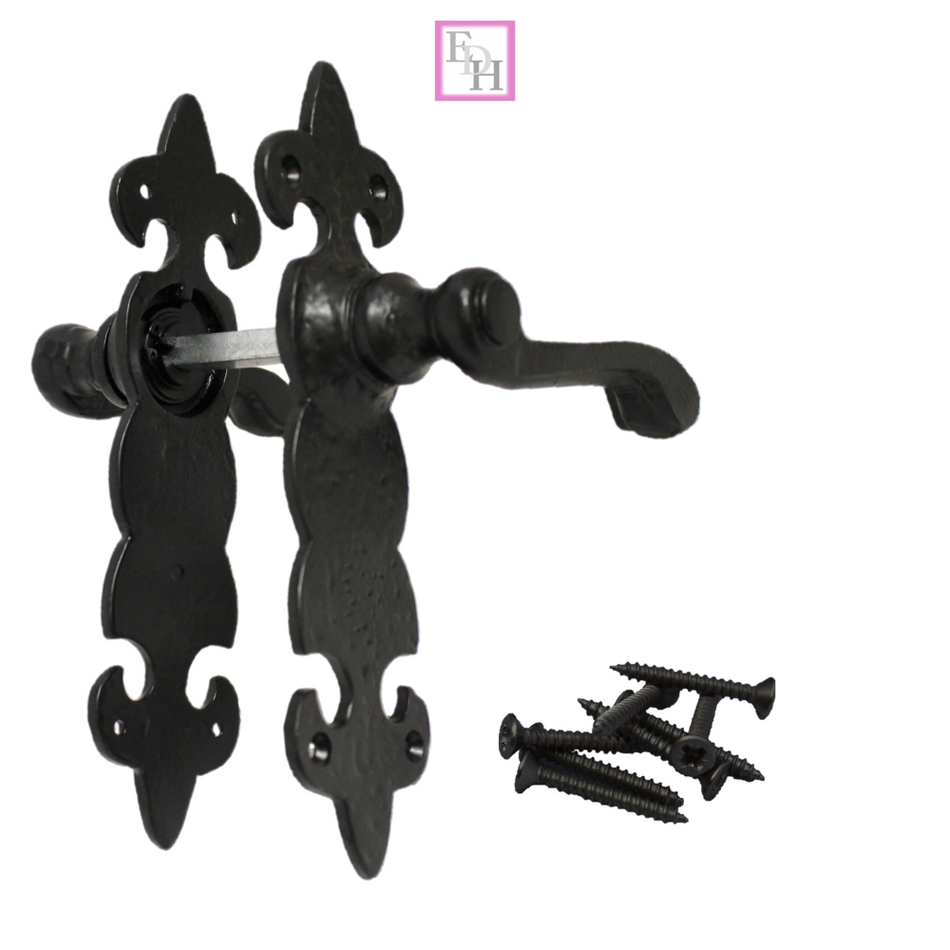 Black Cast Iron Fleur-de-Lys Door Handles Ornate Antique Lever Latch & Lock Sets