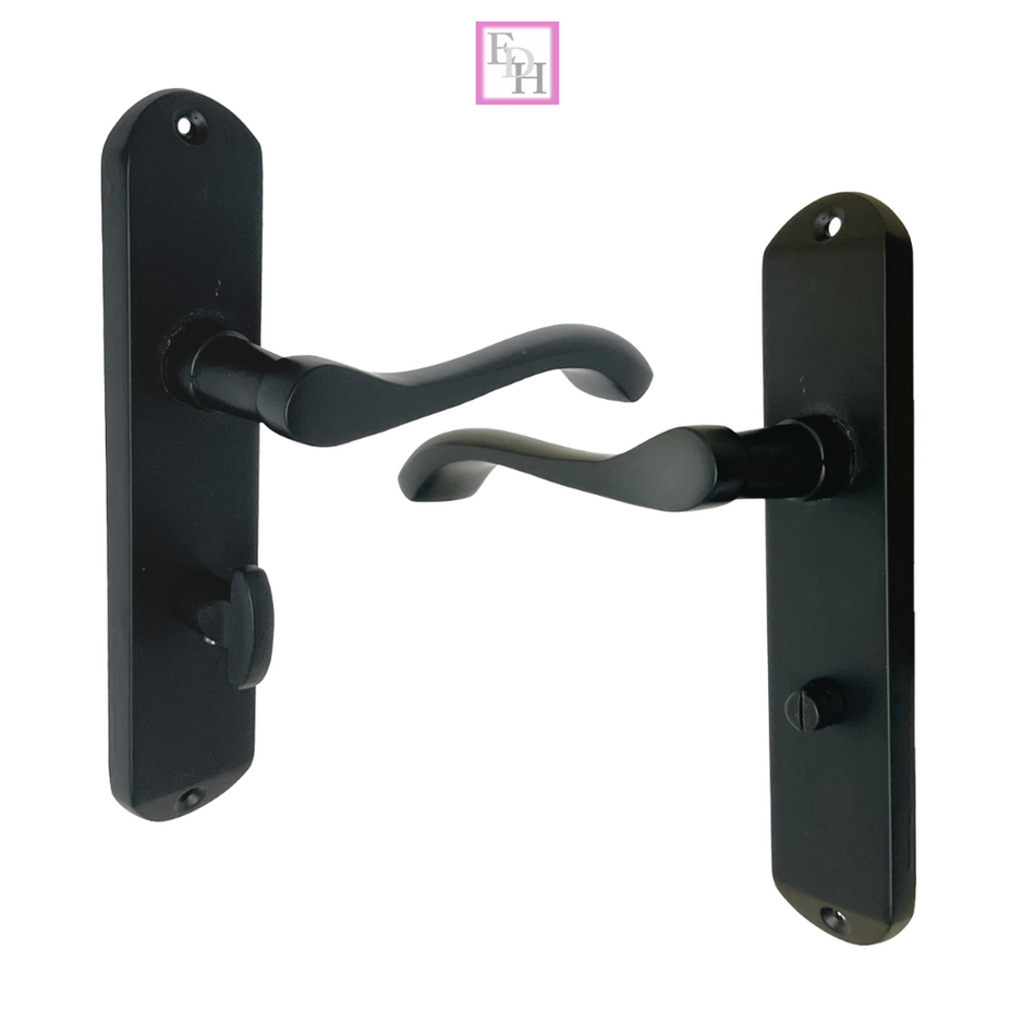 Cadenza Modern Matt Black Scroll Door Handles  Bathroom Lock Handle 178mm x 40mm
