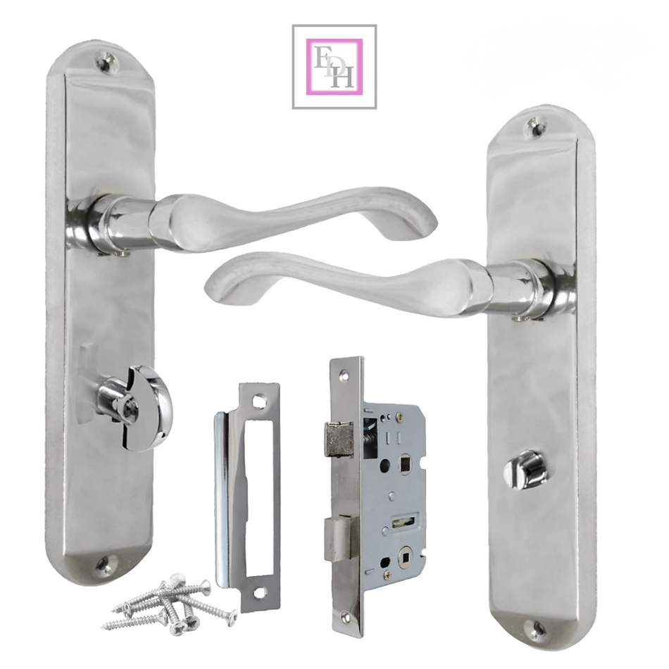 Cadenza Chrome Scroll Door Handles on Backplate – Bathroom Lock Set