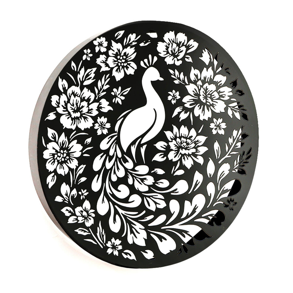 Round Solar Wall Panel with Peacock Outdoor Metal Wall Art with LED Light Weatherproof Garden & Patio Décor | Circular Peacock Panel (40cm)