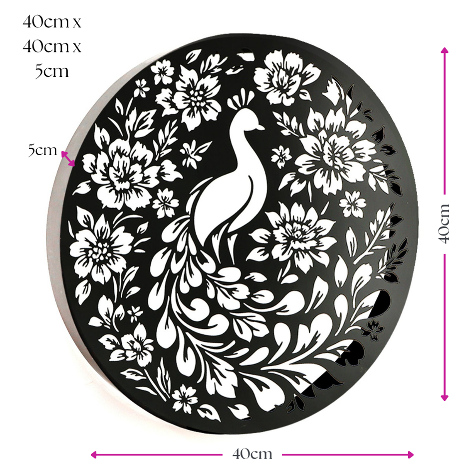 Round Solar Wall Panel with Peacock Outdoor Metal Wall Art with LED Light Weatherproof Garden & Patio Décor | Circular Peacock Panel (40cm)