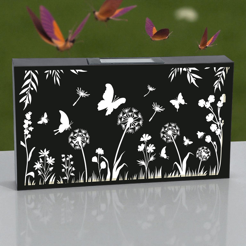Landscape Solar Wall Panel with Butterfly Outdoor Metal Wall Art with Warm LED Light Weatherproof Garden & Patio Décor | Butterfly Panel