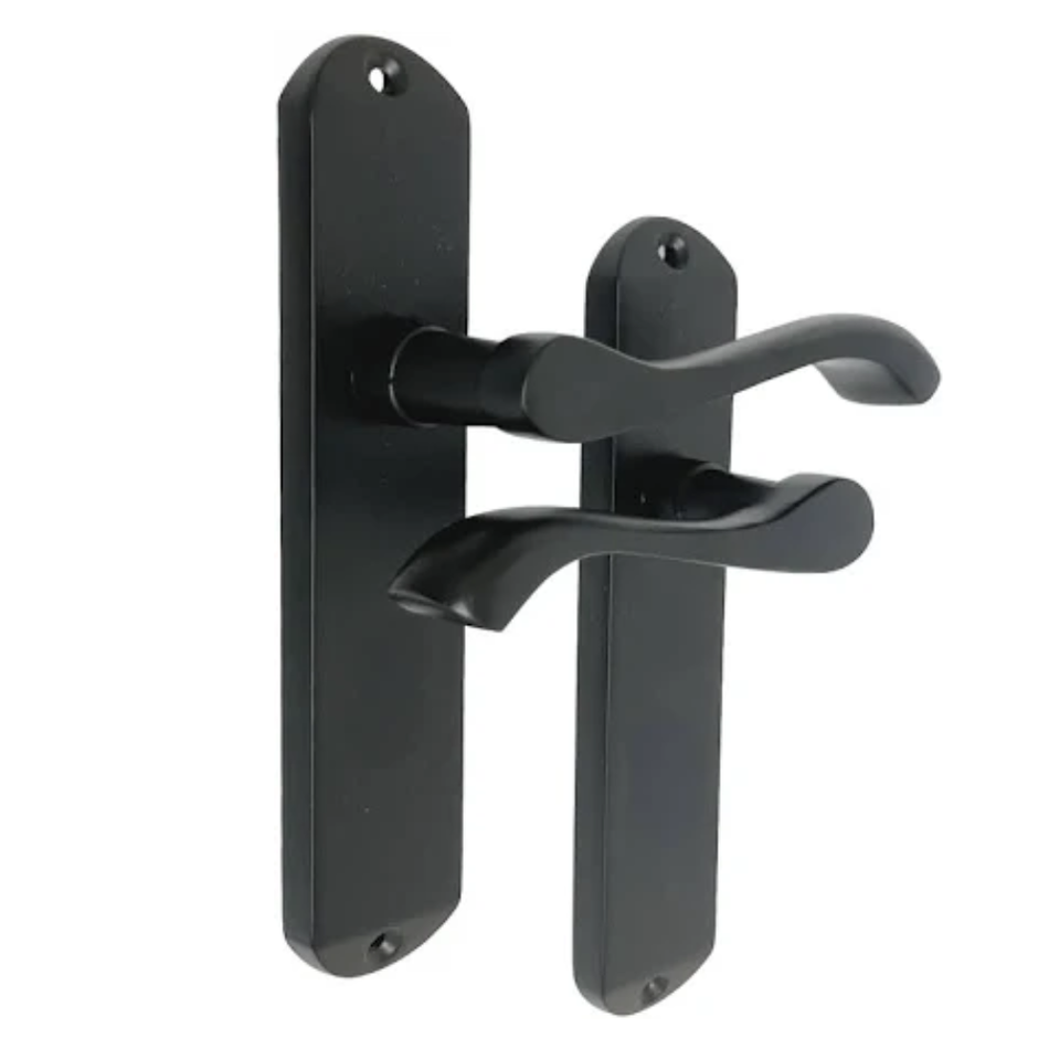 Matt Black Cadenza Victorian Scroll Door Handles Lever Latch 178x38mm - 35mm x 16mm