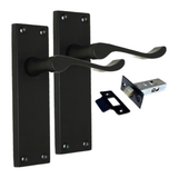 Matt Black Victorian Scroll Door Handles on Backplate – Handle Only or Handle + Tubular Latch – 150mm x 42mm