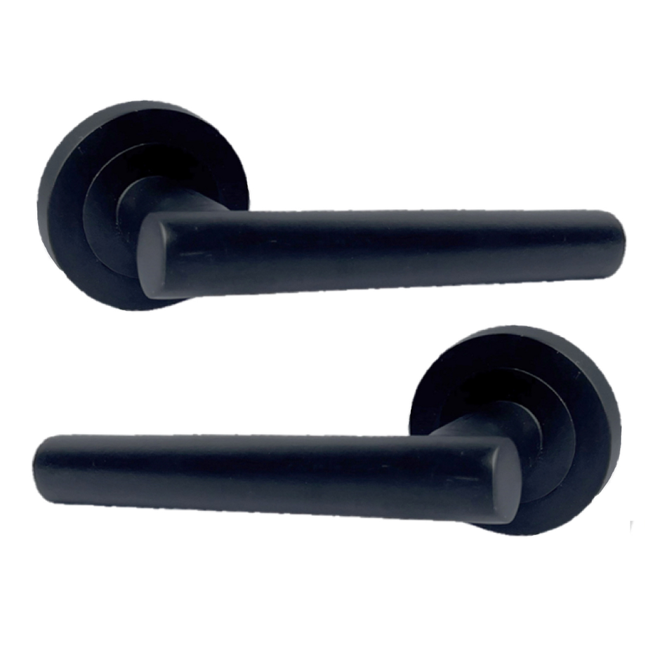 Matt Black T Bar Door Handles on Round Rose – Straight Lever Handle