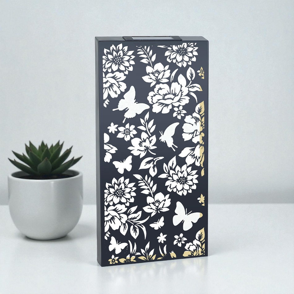 Large Solar Wall Panel with Butterfly & Floral Design – Outdoor Metal LED Garden Wall Art – 60cm x 30cm