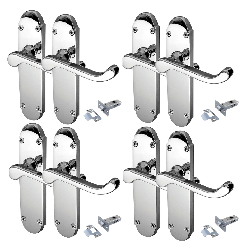 Polished Chrome Victorian Scroll Door Handles on Shaped Backplate – 170mm x 40mm + Tubular Latch 4 Pairs