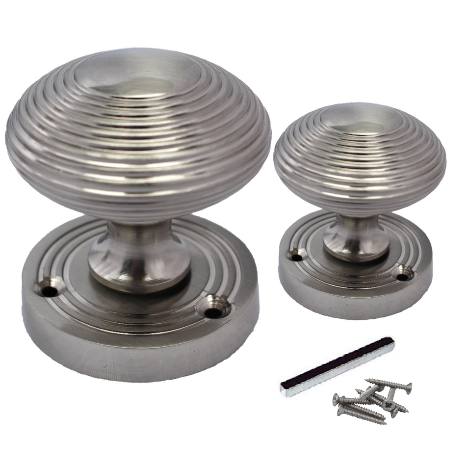 Satin Nickel Reeded Round Door Knobs – Sprung Mortice Door Knob Set – 60mm 1 Pair + Tubular Latch